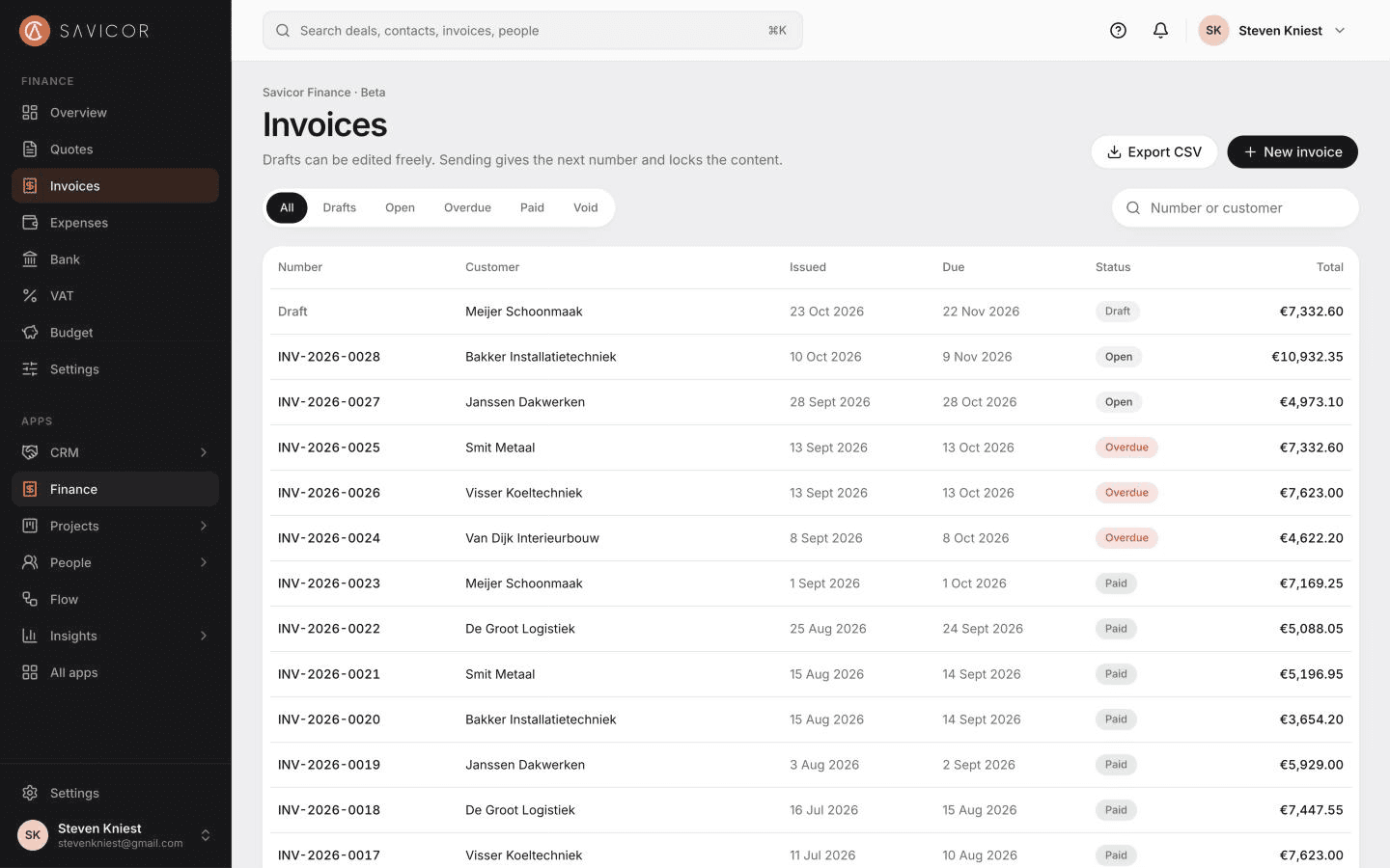 The invoice list with number, customer, issue and due date, status such as Draft, Open, Overdue or Paid, and the total.
